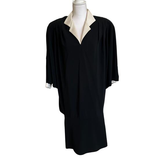 Vintage 80s Saks Fifth Avenue Batwing Dress Crepe 10 Black Ivory Shoulder Pads - Picture 1 of 15